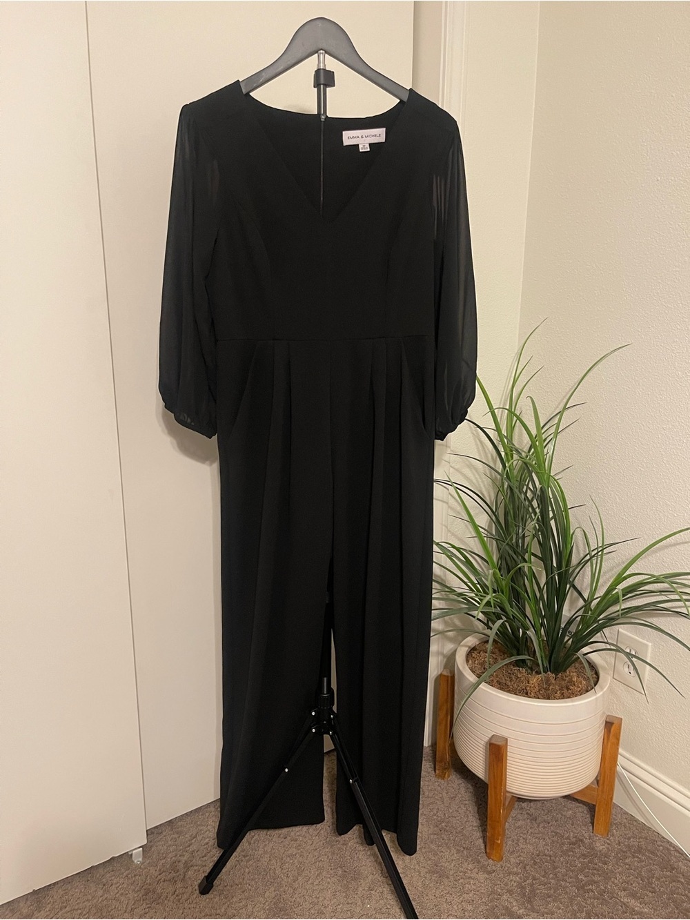 Emma & Michele Black V-Neck Wide Leg Jumpsuit with Sheer Sleeves